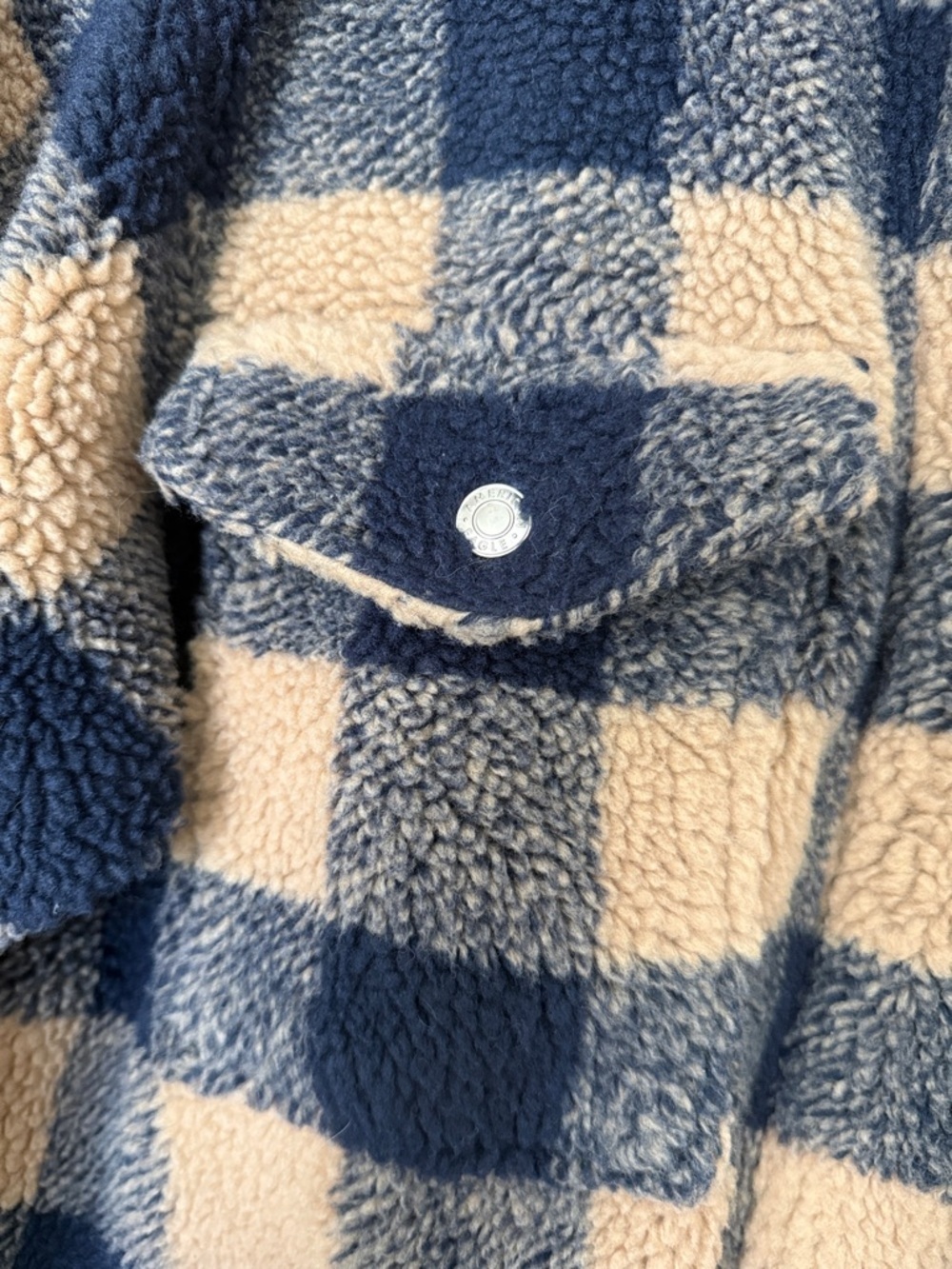 American Eagle Sherpa Plaid Zip Jacket Medium Navy Tan Buffalo Check Fleece - Picture 4 of 5